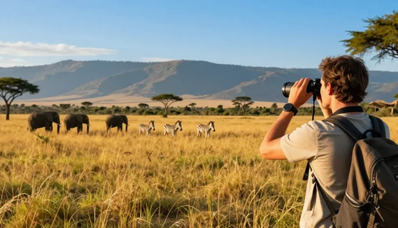 NAGA2000 traveler observing wildlife at Kidepo Valley National Park during golden hour, showcasing vibrant savanna scenery.