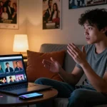 Engaged viewer on AV66TH streaming platform, enjoying high-quality adult content in a cosy room.