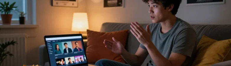 Engaged viewer on AV66TH streaming platform, enjoying high-quality adult content in a cosy room.