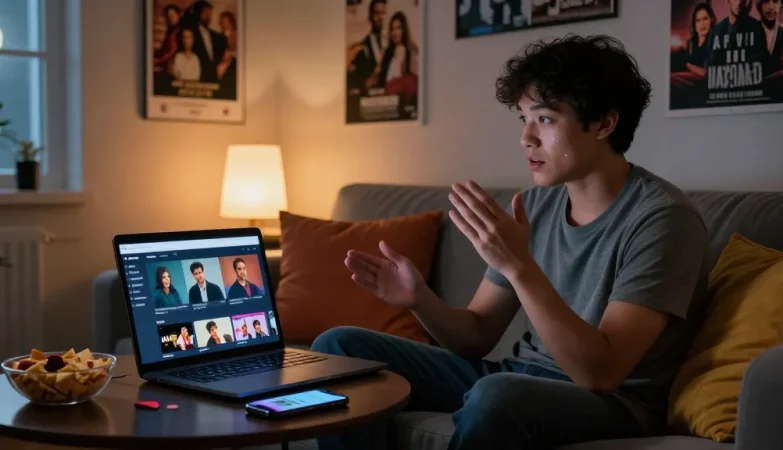 Engaged viewer on AV66TH streaming platform, enjoying high-quality adult content in a cosy room.