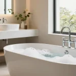 KingKonree’s elegant solid surface products in a luxurious bathroom setting for modern design.