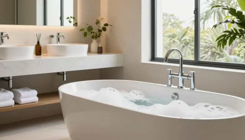 KingKonree’s elegant solid surface products in a luxurious bathroom setting for modern design.