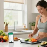Using the best weight loss app, a woman measures ingredients while cooking healthy meals in a bright kitchen.