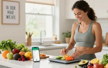 Using the best weight loss app, a woman measures ingredients while cooking healthy meals in a bright kitchen.
