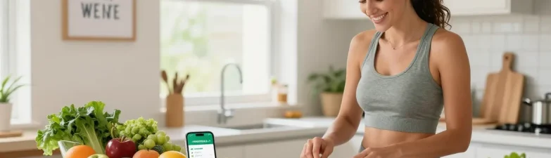 Using the best weight loss app, a woman measures ingredients while cooking healthy meals in a bright kitchen.