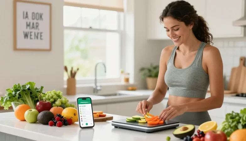 Using the best weight loss app, a woman measures ingredients while cooking healthy meals in a bright kitchen.