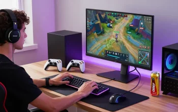 Dynamic gamer testing wireless keyboard and headset in stylish home office from https://rokok88.jp.net