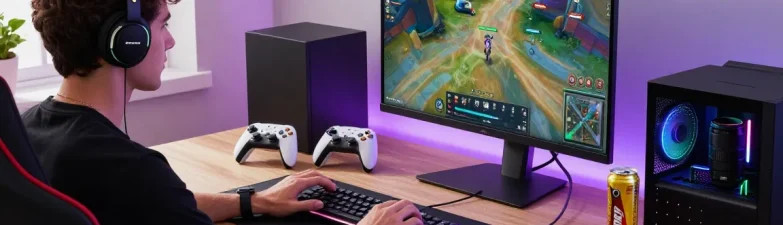 Dynamic gamer testing wireless keyboard and headset in stylish home office from https://rokok88.jp.net
