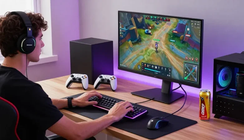 Dynamic gamer testing wireless keyboard and headset in stylish home office from https://rokok88.jp.net
